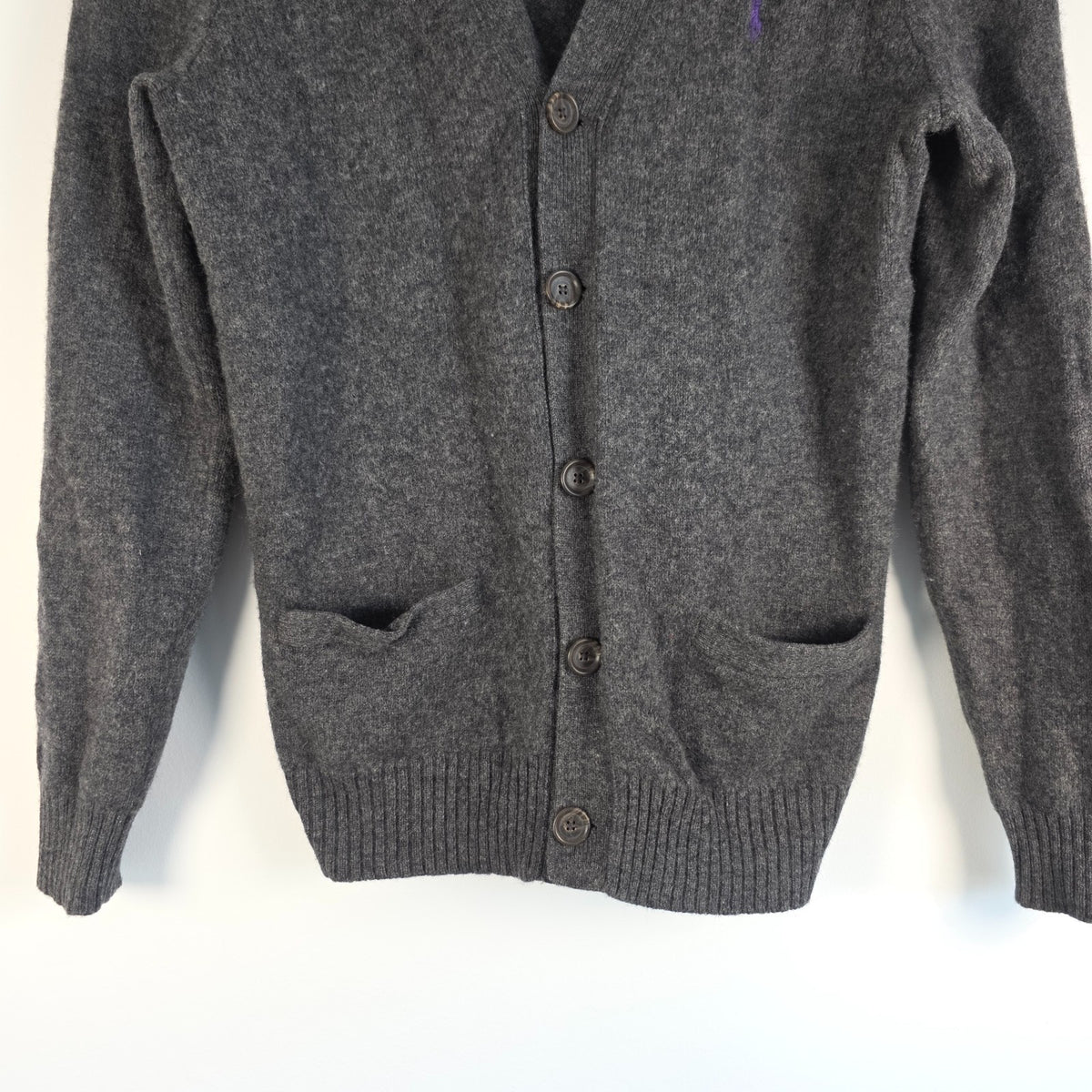 Polo Ralph Lauren grey cardigan 100% lambswool V-neck with purple embroidered pony logo.