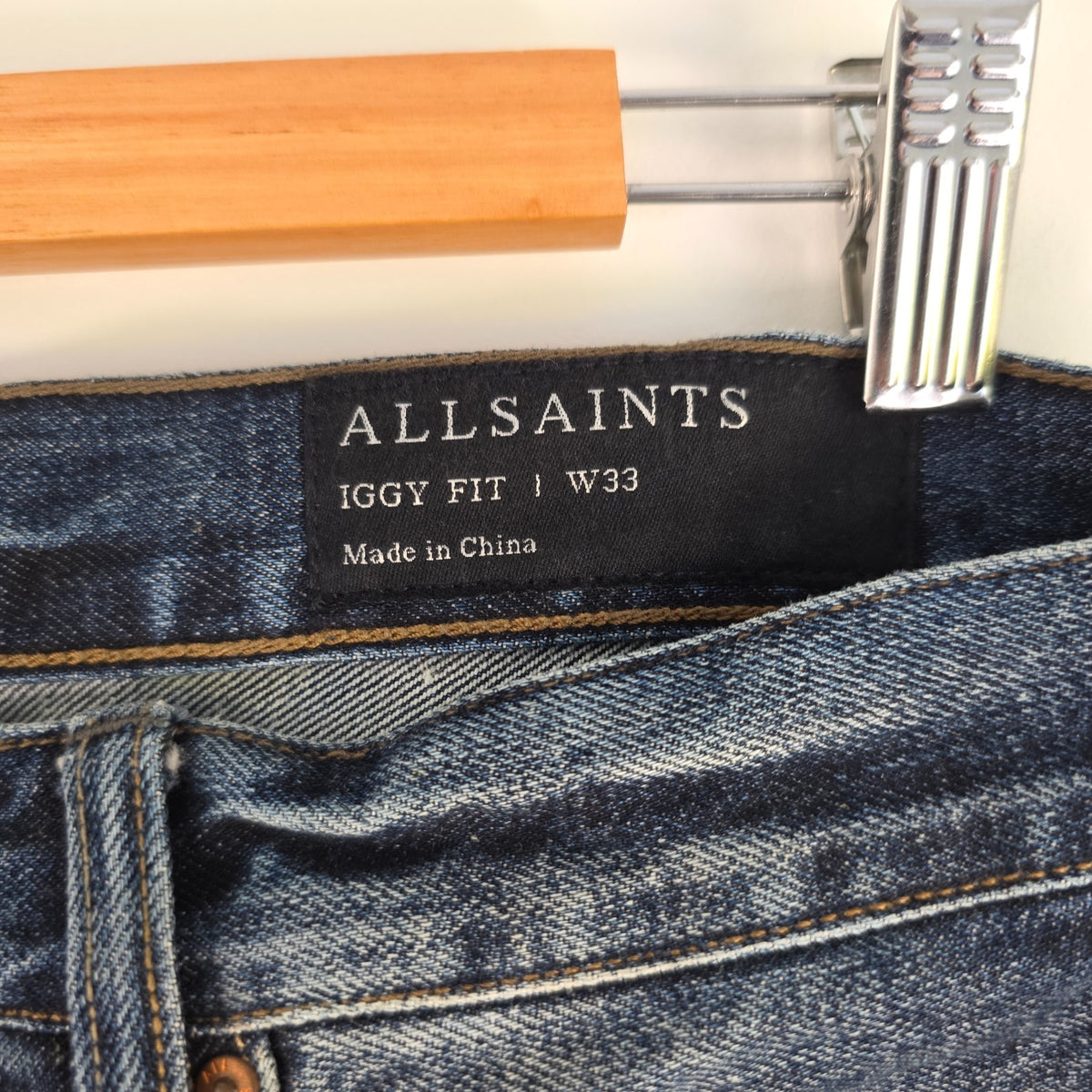 AllSaints blue straight jeans faded wash five-pocket styling 100% cotton