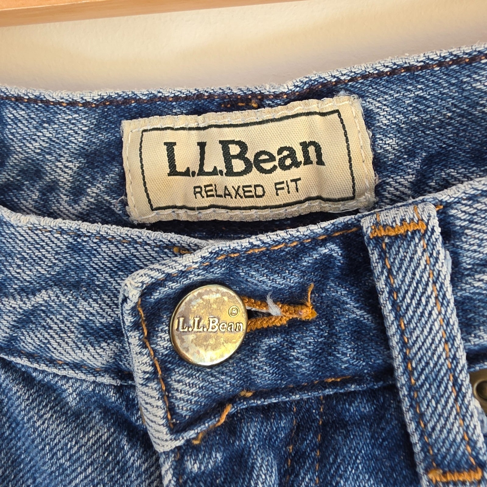 L.L.Bean blue straight jeans with fleece lining and relaxed high rise fit.
